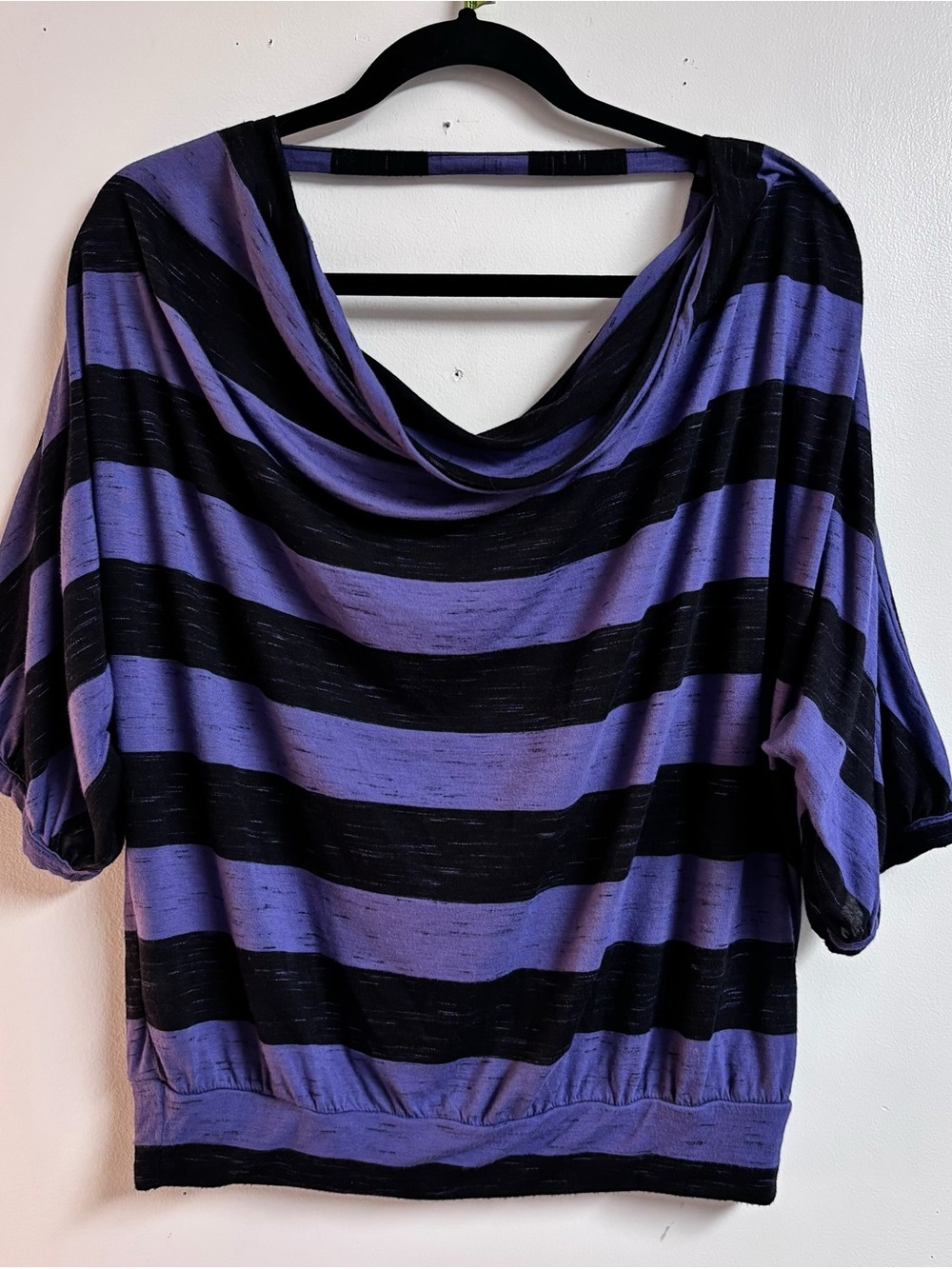 Purple and Black Striped Drape Neck Tunic Top